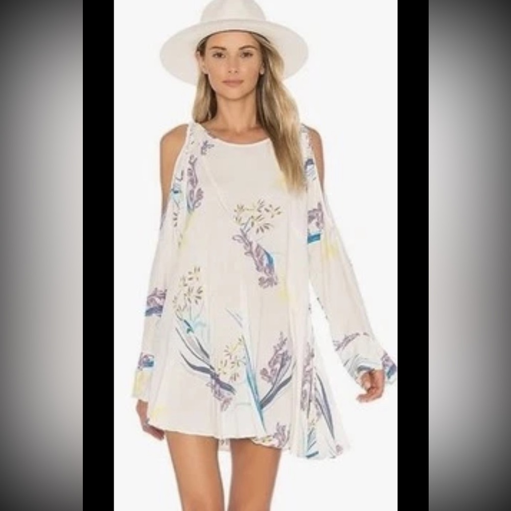 FREE PEOPLE Clear Skies Printed Tunic Dress Boho Cold Shoulder White Pastel